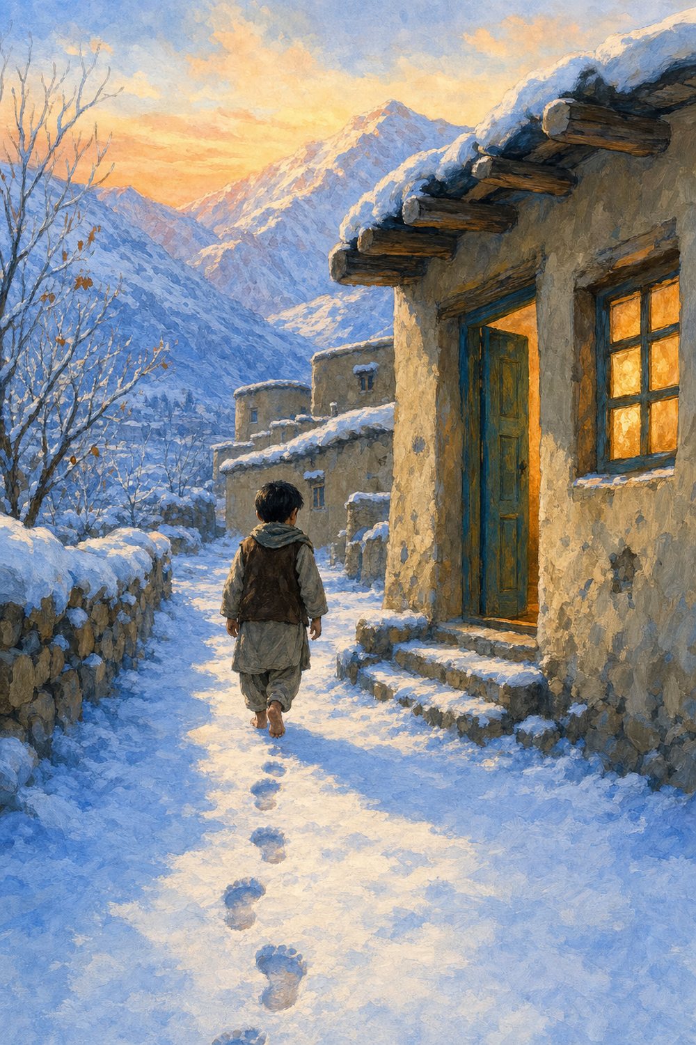 A barefoot boy walking through snow in a mountain village at dawn