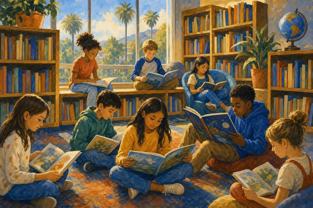 Children reading together on a rug in a bright school library